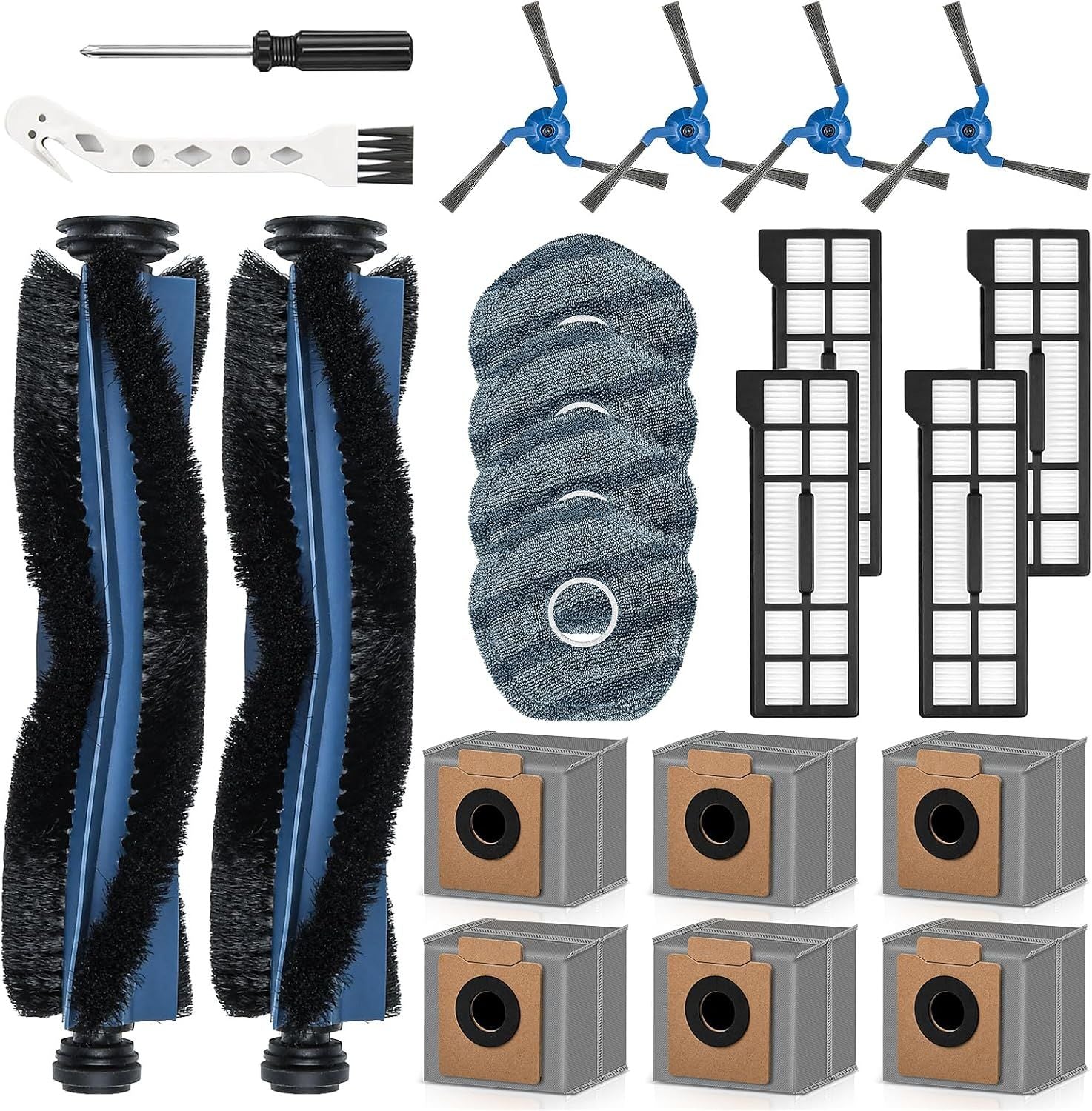 22 Pack Replacement Accessories or euy X10 Pro Omni Robot Vacuum Cleaner, 2 Mainbrush 4 ilter 6 Dust Bag 4 Mop Pads 4 Sidebrush 1 Cleaning Brush 1 Screwdriver