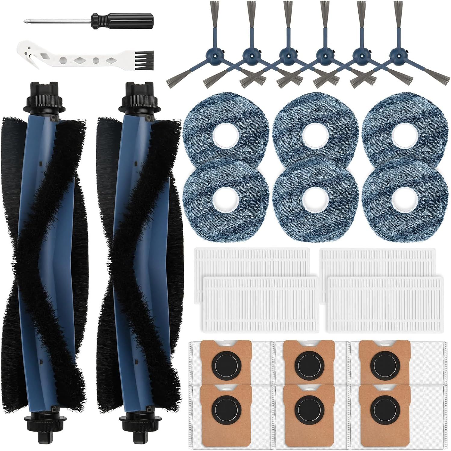 26 Pack Replacement Accessories Compatible with euy Vacuum Omni C20, 2 Mainbrush 4 ilter 6 Dust Bags 6 Mop Pads 6 Sidebrush 1 Cleaning Brush 1 Screwdriver