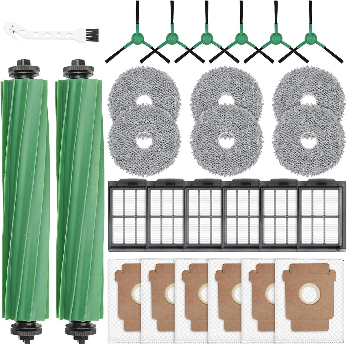 27 Pack Replacement Accessories or iRobot Roomba Plus 405 Combo/505 Combo/507 Combo Robot Vacuum Cleaner, 2 Main Brushes 6 Side Brushes 6 HEPA ilters 6 Mop Pads 6 Dust Bags 1 Cleaning Brush