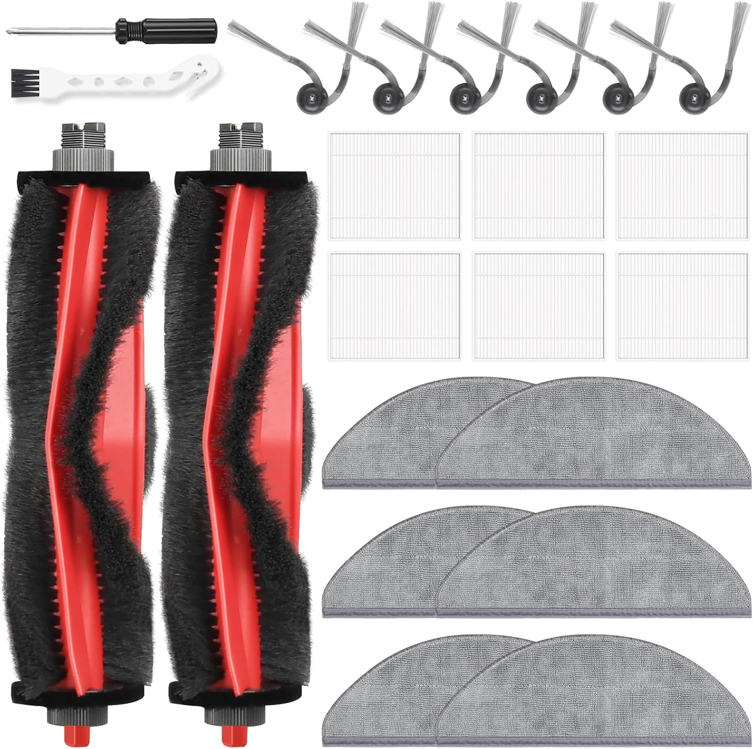 22 Pack Replacement Accessories or  Q7 M5 / Q7 M5+ / Q7 L5 / Q7 L5+ Robot Vacuum Cleaner, 2 Main Brushes 6 Side Brushes 6 HEPA ilters 6 Mop Pads 1 Cleaning Brush 1 Screwdriver