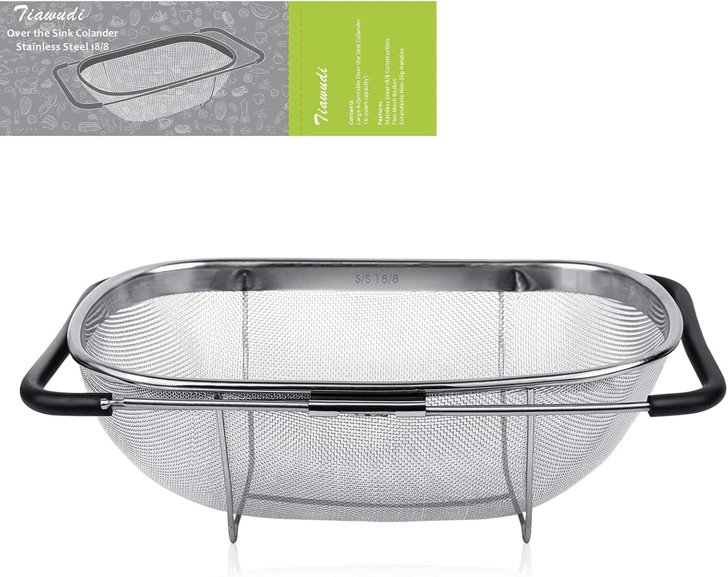6-Quart Large Over The Sink Colander, Heavy Duty 40% Thicker 18/8 Stainless Steel ine Mesh Strainer Basket with Expandable Rubber Grip Handles - Strain, Drain, Rinse ruits, Vegetables