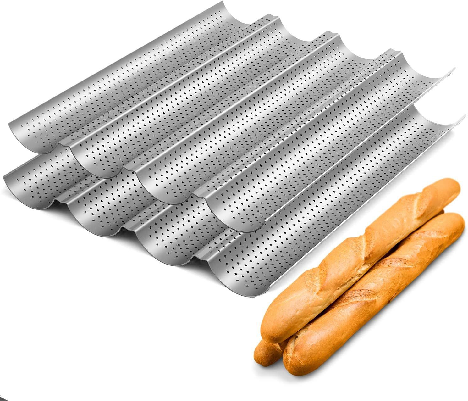 2 Pack Nonstick Perorated Baguette Pan 15" x 13" or rench Bread Baking 4 Wave Loaves Loa Bake Mold Oven Toaster Pan (Silver)