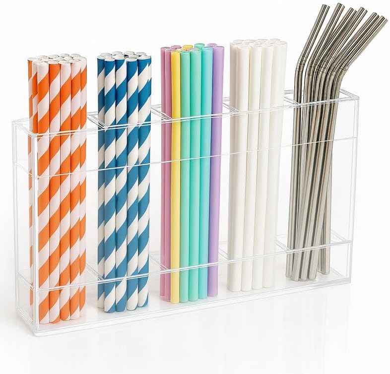 Fengzhe 9.5" Acrylic Straw Holder for Cabinet Door – Reusable Space-Saving Organizer with Strong Double-Sided Adhesive Tape, Straw Container for Kitchen Cupboard or Countertop (Transparent)