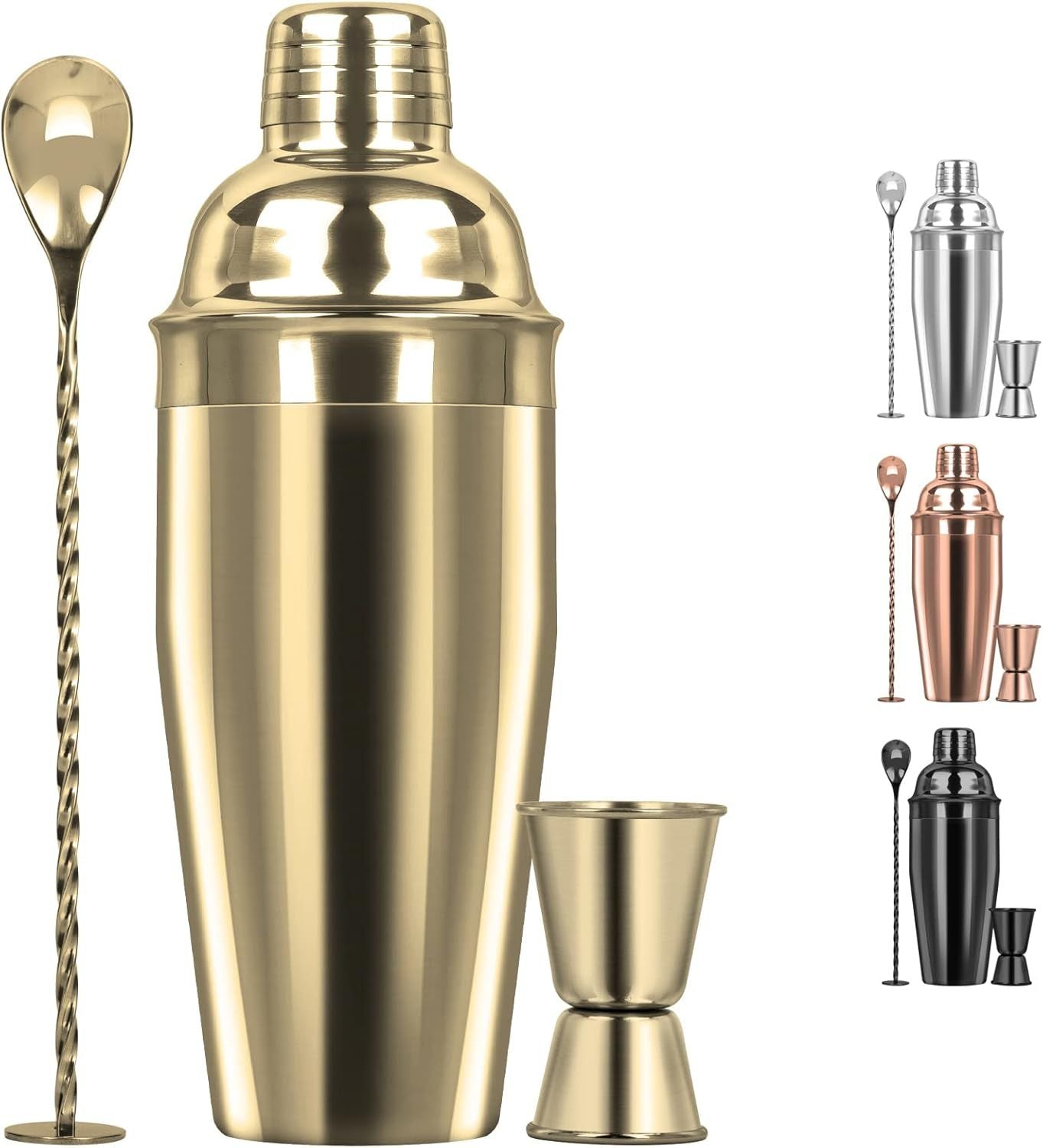 Large 24oz Cocktail Shaker Set, Stainless Steel 18/8 Martini Mixer Shaker with Built-in Strainer, Measuring Jigger & Mixing Spoon, Martini Shaker Set, Perect or Bartender and Home Use, Gold