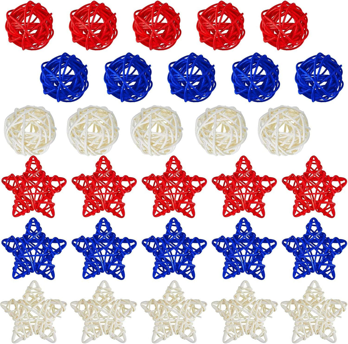 30 Pcs 4th o July Rattan Ball Decorations, Patriotic Red Blue White Stars or USA 250th Anniversary Home Decor Memorial Independence Day Crat Vase Bowl iller Table Party Decorative Supplies