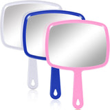 3 Pcs Hand Handheld Mirrors with Handle Bulk, Small Portable Salon Barber Hairdressing Vanity Cosmetic Mirror or Travel, Home, Square(9.17 x 6.53 Inch,Blue, White, Pink)