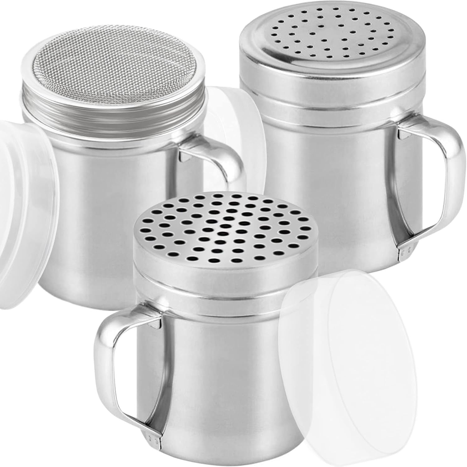 [Set o 3] 10oz Stainless Steel Dredges With Handle - ine Mesh + Medium Holes + Large Holes (or Coarse Seasonings)