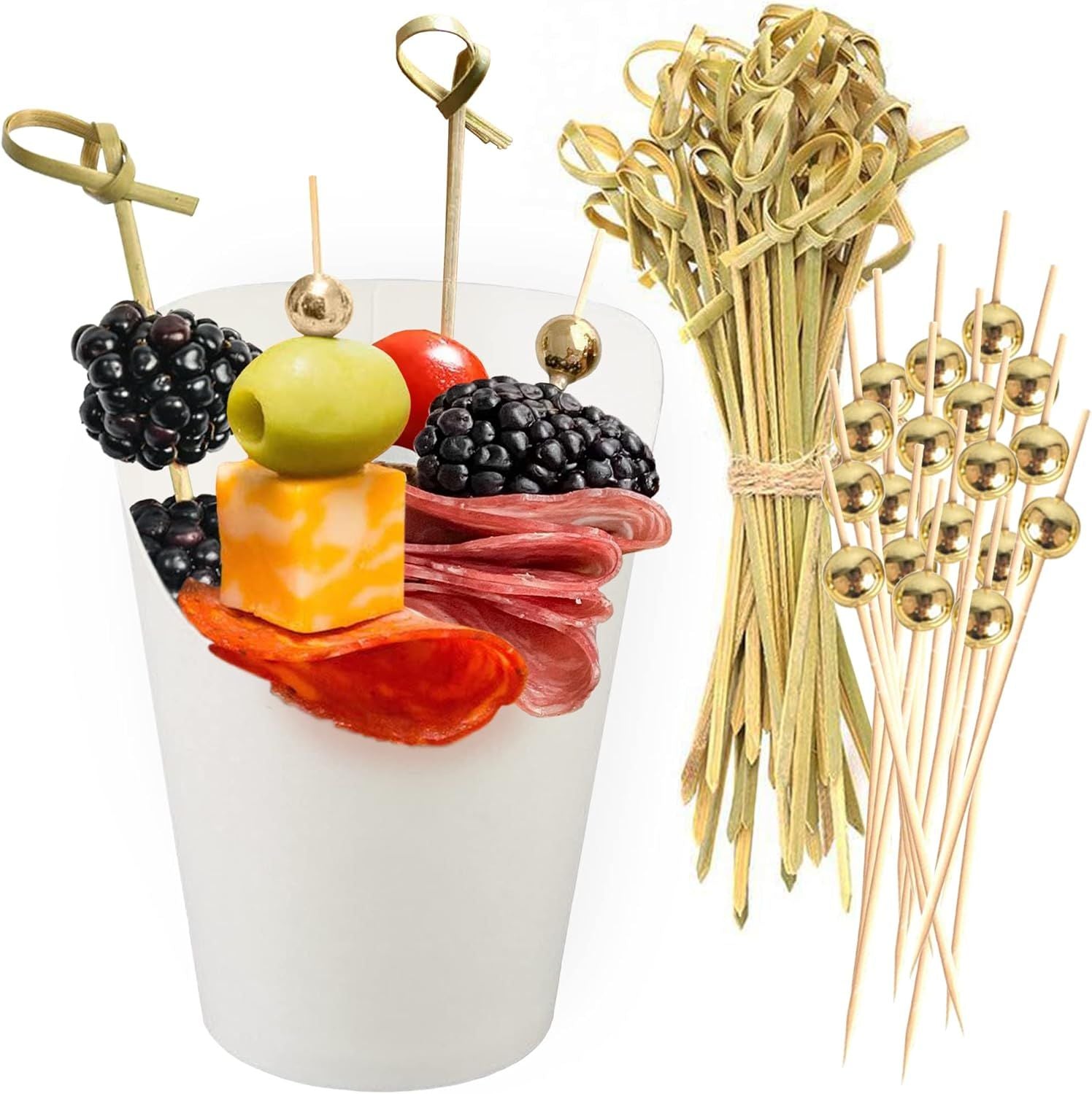50pk 14oz White Charcuterie Cups with 200 Sticks (2 Types) - Wide Enlarged Top Cutout or Better Display - White Paper Charcuterie Board Cups Set