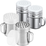 [2-pcs] 6 oz Metal Parmesan Cheese Shakers (Large Holes) + [2-pcs] 6 oz Stainless Steel Salt Pepper Dredge Shakers - All with Plastic Caps and Handles Bundle