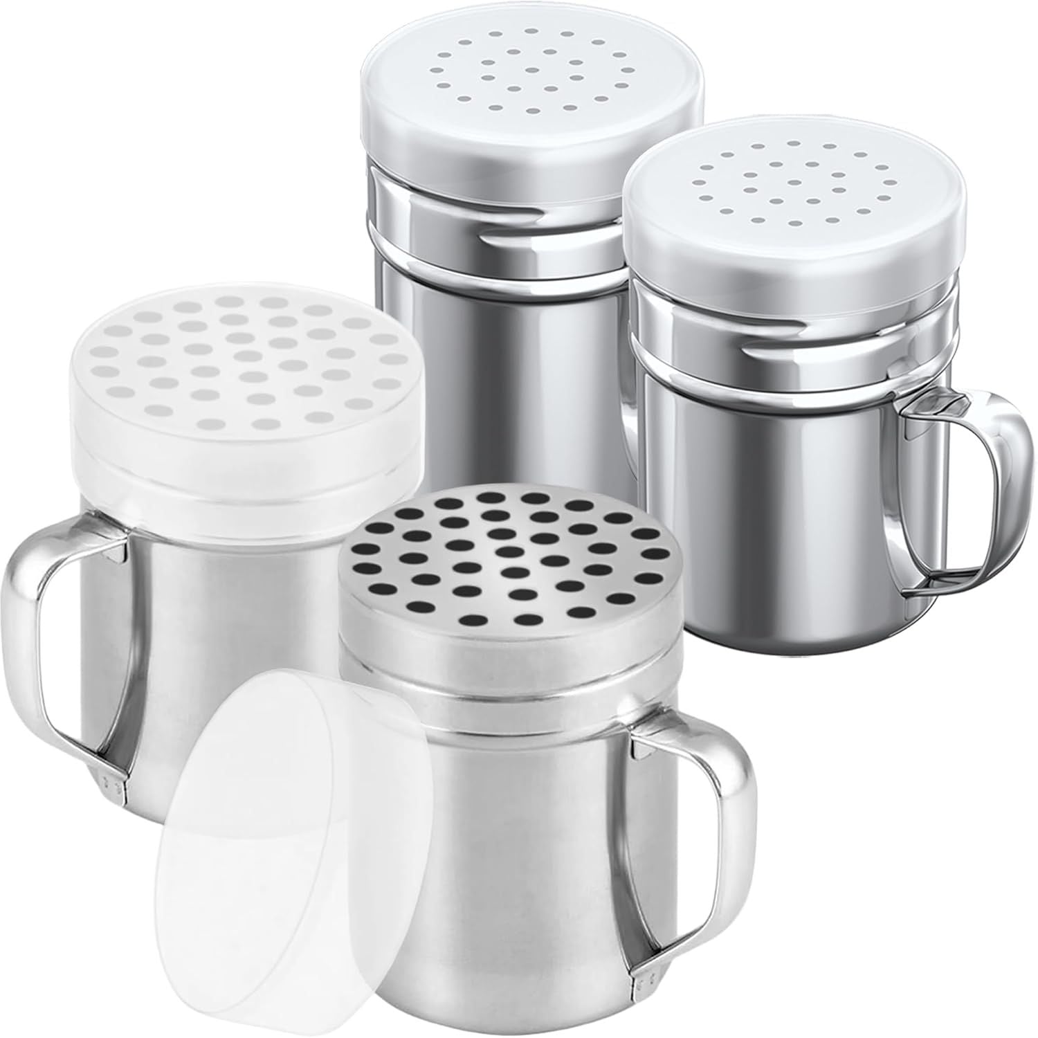 [2-pcs] 6 oz Metal Parmesan Cheese Shakers (Large Holes) + [2-pcs] 6 oz Stainless Steel Salt Pepper Dredge Shakers - All with Plastic Caps and Handles Bundle