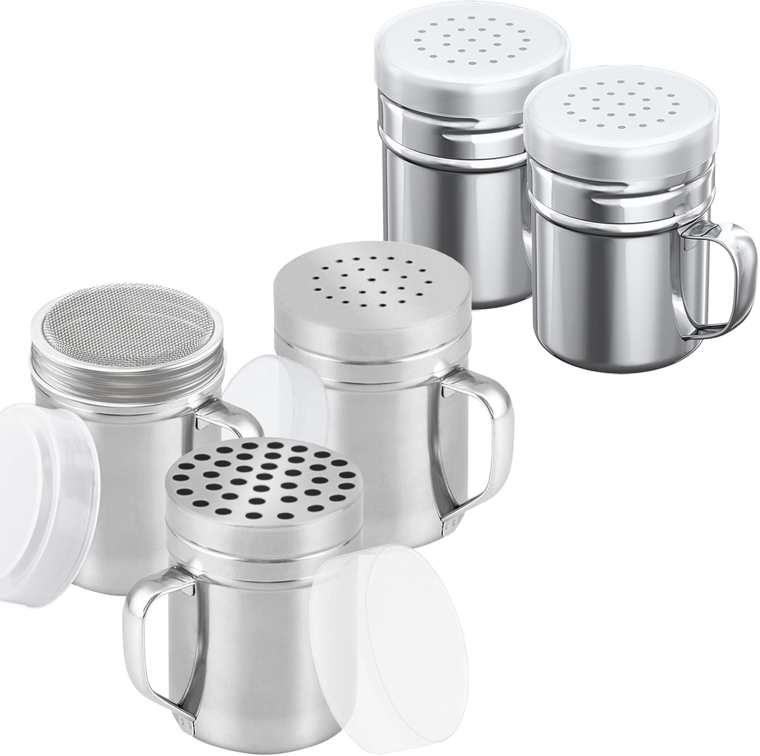 [3-pcs] 6 oz Stainless Steel Dredges (ine Mesh + Medium Holes + Large Holes) + [2-pcs] 6 oz Stainless Steel Salt Pepper Dredge Shakers - All with Plastic Caps and Handles Bundle