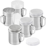 [10oz, 10oz, 14oz] Powdered Sugar Shakers + [2-pcs] 10 oz Metal Parmesan Cheese Shakers (Large Holes) - All with Plastic Caps and Handles Bundle