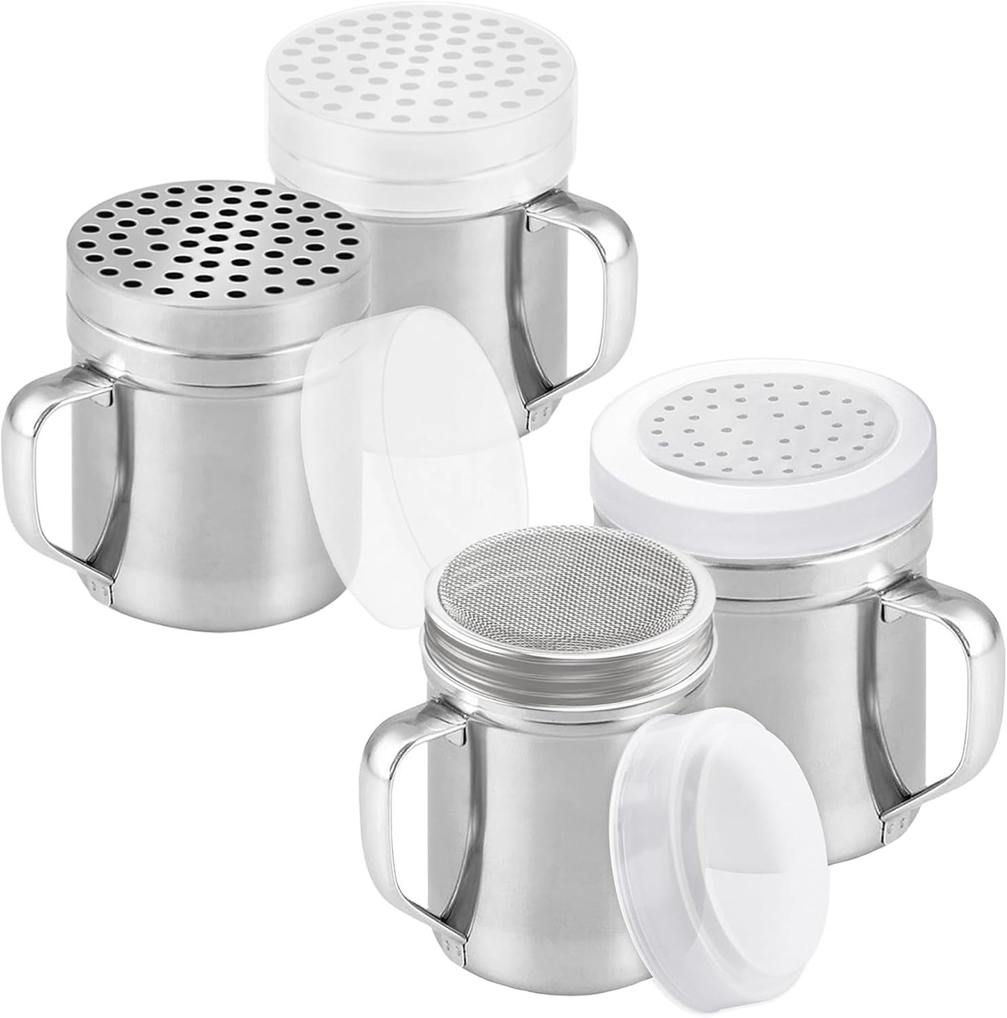 6 oz Powdered Sugar Shaker + 10 oz Salt Pepper Dredge + [2-pcs] Metal Parmesan Cheese Shakers (Large Holes) - All with Plastic Caps and Handles Bundle