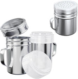 [2-pcs] 14 oz Powdered Sugar Shakers + [1-pc] 10 oz Stainless Steel Salt Pepper Dredge Shaker - All with Plastic Caps and Handles Bundle