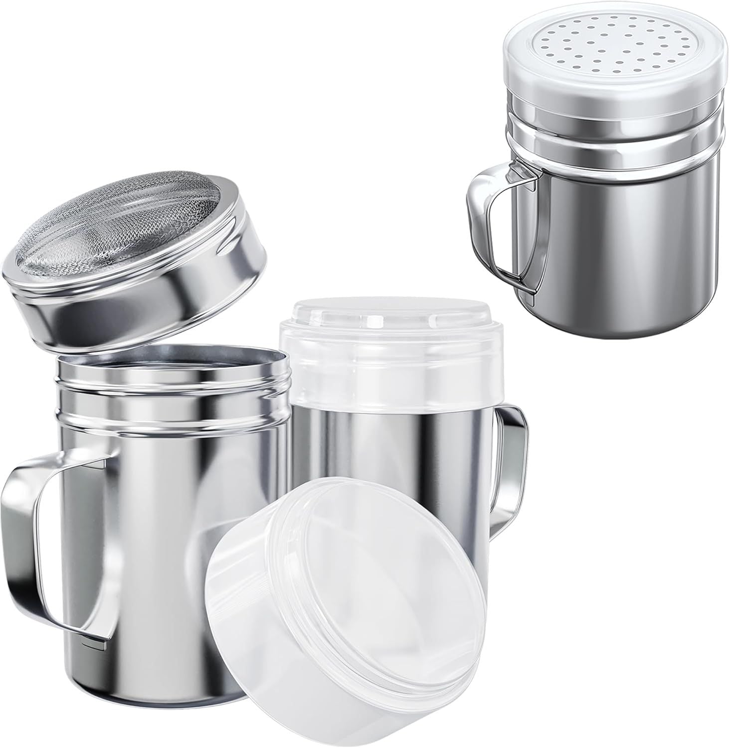 [2-pcs] 14 oz Powdered Sugar Shakers + [1-pc] 10 oz Stainless Steel Salt Pepper Dredge Shaker - All with Plastic Caps and Handles Bundle