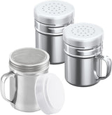 [1-pc] 6 oz Powdered Sugar Shaker Duster + [2-pcs] 6 oz Stainless Steel Salt Pepper Dredge Shakers - All with Plastic Caps and Handles Bundle