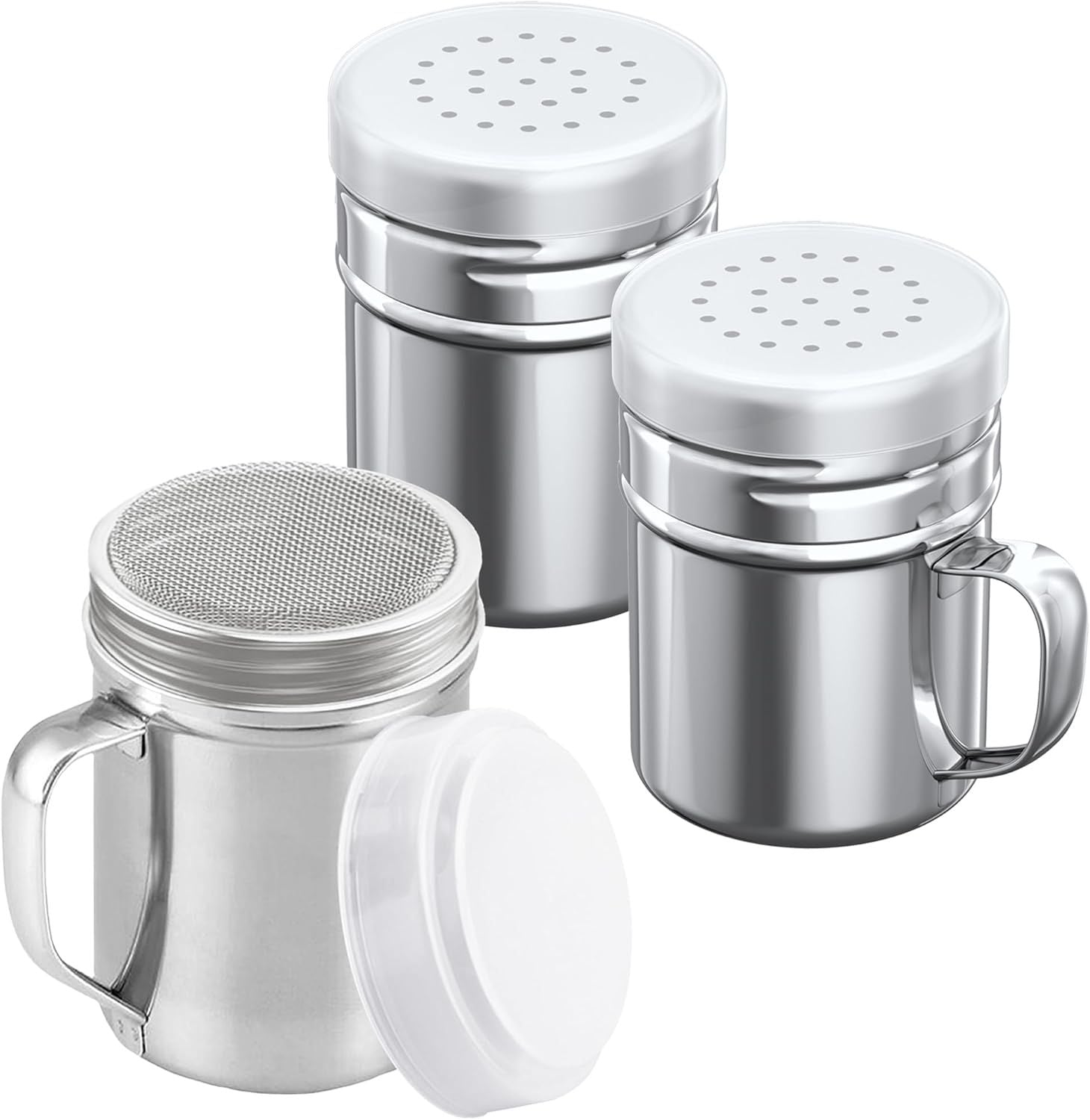 [1-pc] 6 oz Powdered Sugar Shaker Duster + [2-pcs] 6 oz Stainless Steel Salt Pepper Dredge Shakers - All with Plastic Caps and Handles Bundle