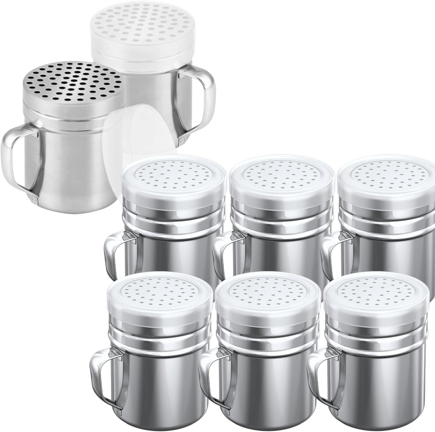 [6-pcs] 10 oz Stainless Steel Salt Pepper Dredge Shakers + [2-pcs] 10 oz Metal Parmesan Cheese Shakers - with Plastic Caps & Handles Bundle