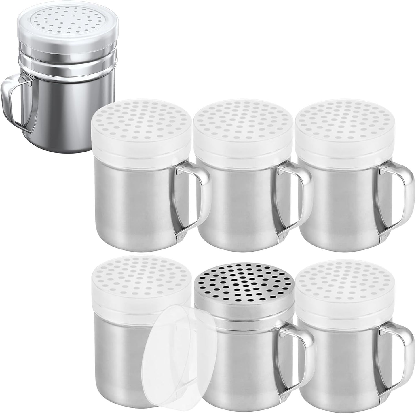 [6-pcs] 10 oz Metal Parmesan Cheese Shakers (Large Holes) + [1-pc] 10 oz Stainless Steel Salt Pepper Dredge Shaker - with Plastic Caps & Handles Bundle