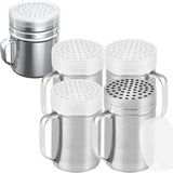 [4-pcs] 14 oz Metal Parmesan Cheese Shakers (Large Holes) + [1-pc] 10 oz Stainless Steel Salt Pepper Dredge Shaker - with Plastic Caps & Handles Bundle