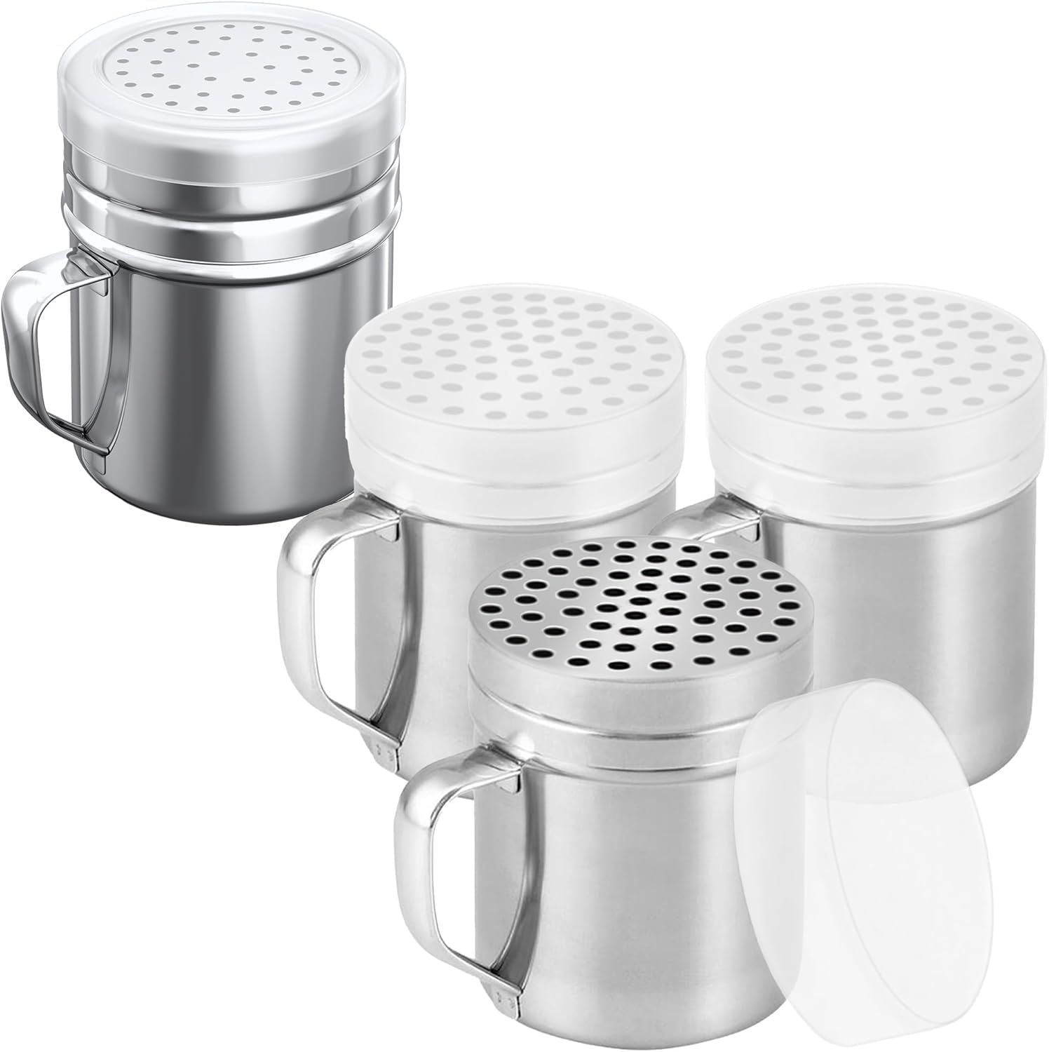 [3-pcs] 10 oz Metal Parmesan Cheese Shakers (Large Holes) + [1-pc] 10 oz Stainless Steel Salt Pepper Dredge Shaker - with Plastic Caps & Handles Bundle
