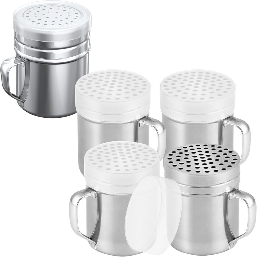 [4-pcs] 10 oz Metal Parmesan Cheese Shakers (Large Holes) + [1-pc] 10 oz Stainless Steel Salt Pepper Dredge Shaker - with Plastic Caps & Handles Bundle