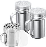 [1-pc] 10 oz Metal Parmesan Cheese Shaker (Large Holes) + [2-pcs] 14 oz Metal Salt Pepper Dredge Shakers - with Plastic Caps & Handles Bundle