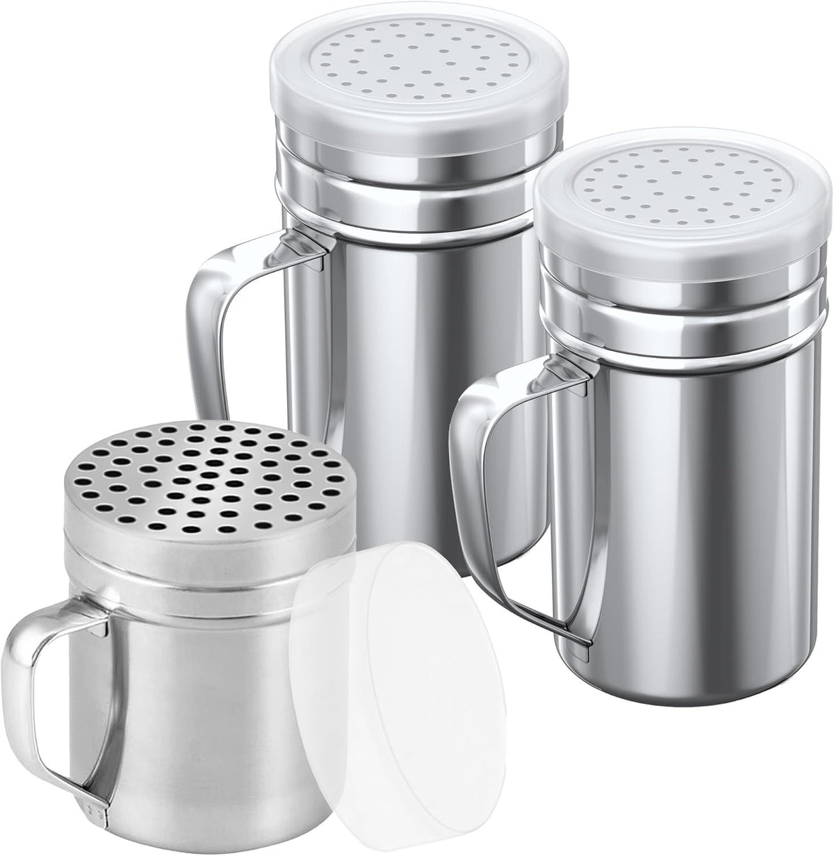 [1-pc] 10 oz Metal Parmesan Cheese Shaker (Large Holes) + [2-pcs] 14 oz Metal Salt Pepper Dredge Shakers - with Plastic Caps & Handles Bundle