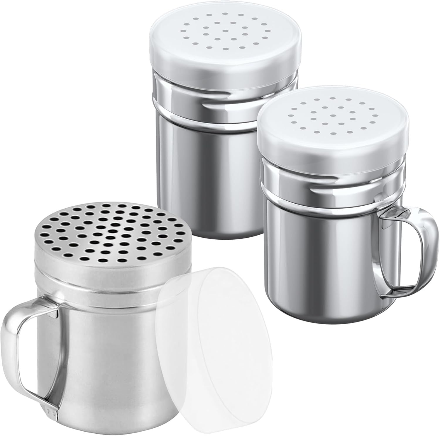 [1-pc] 10 oz Metal Parmesan Cheese Shaker (Large Holes) + [2-pcs] 6 oz Metal Salt Pepper Dredge Shakers - with Plastic Caps & Handles Bundle
