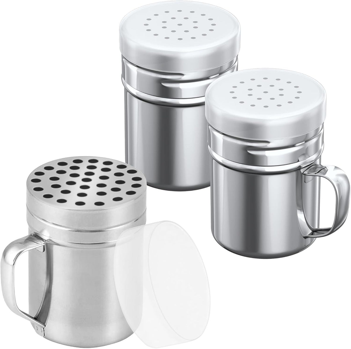 [1-pc] 6 oz Metal Parmesan Cheese Shaker (Large Holes) + [2-pcs] 6 oz Metal Salt Pepper Dredge Shakers - with Plastic Caps & Handles Bundle