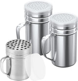 [1-pc] 6 oz Metal Parmesan Cheese Shaker (Large Holes) + [2-pcs] 14 oz Metal Salt Pepper Dredge Shakers - with Plastic Caps & Handles Bundle