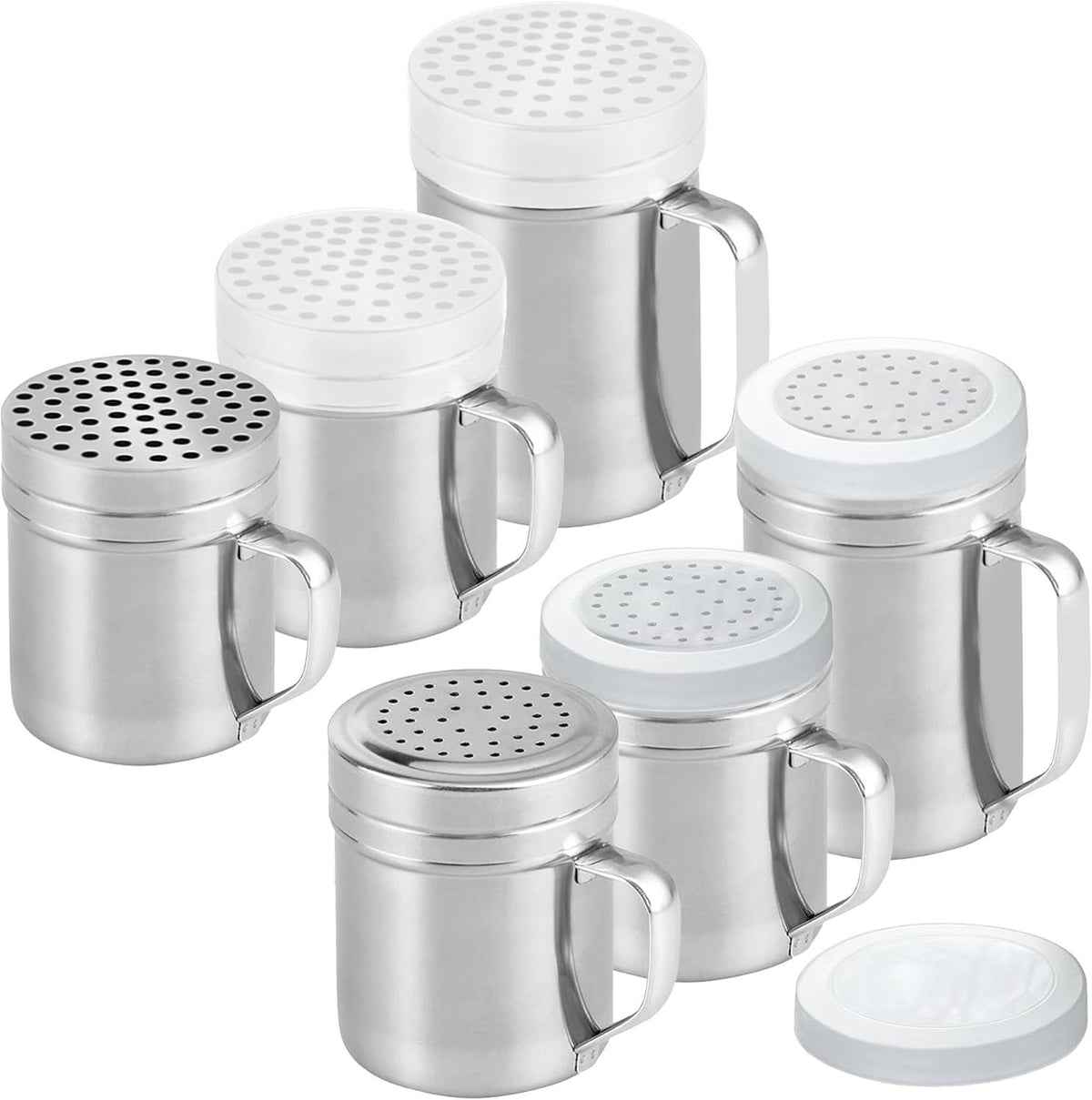 10 (2pcs) + 14oz o each Metal Salt Pepper Dredge + Parmesan Cheese Shakers - with Handles and Caps Bundle
