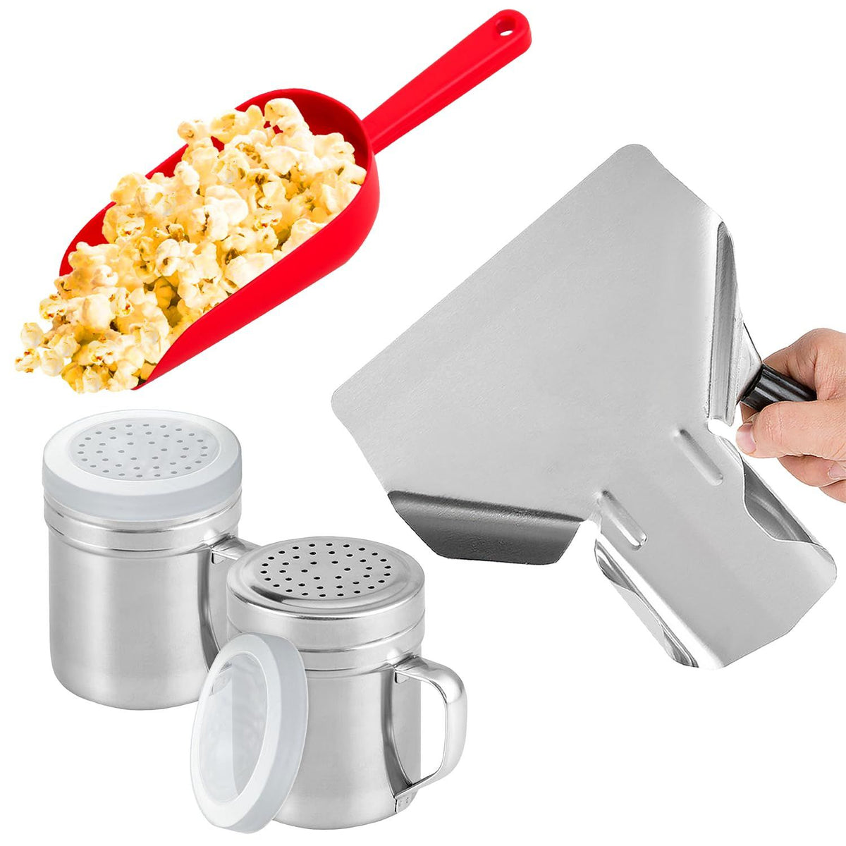 Metal popcorn scoop and red plastic scoop with two salt and pepper shakers.