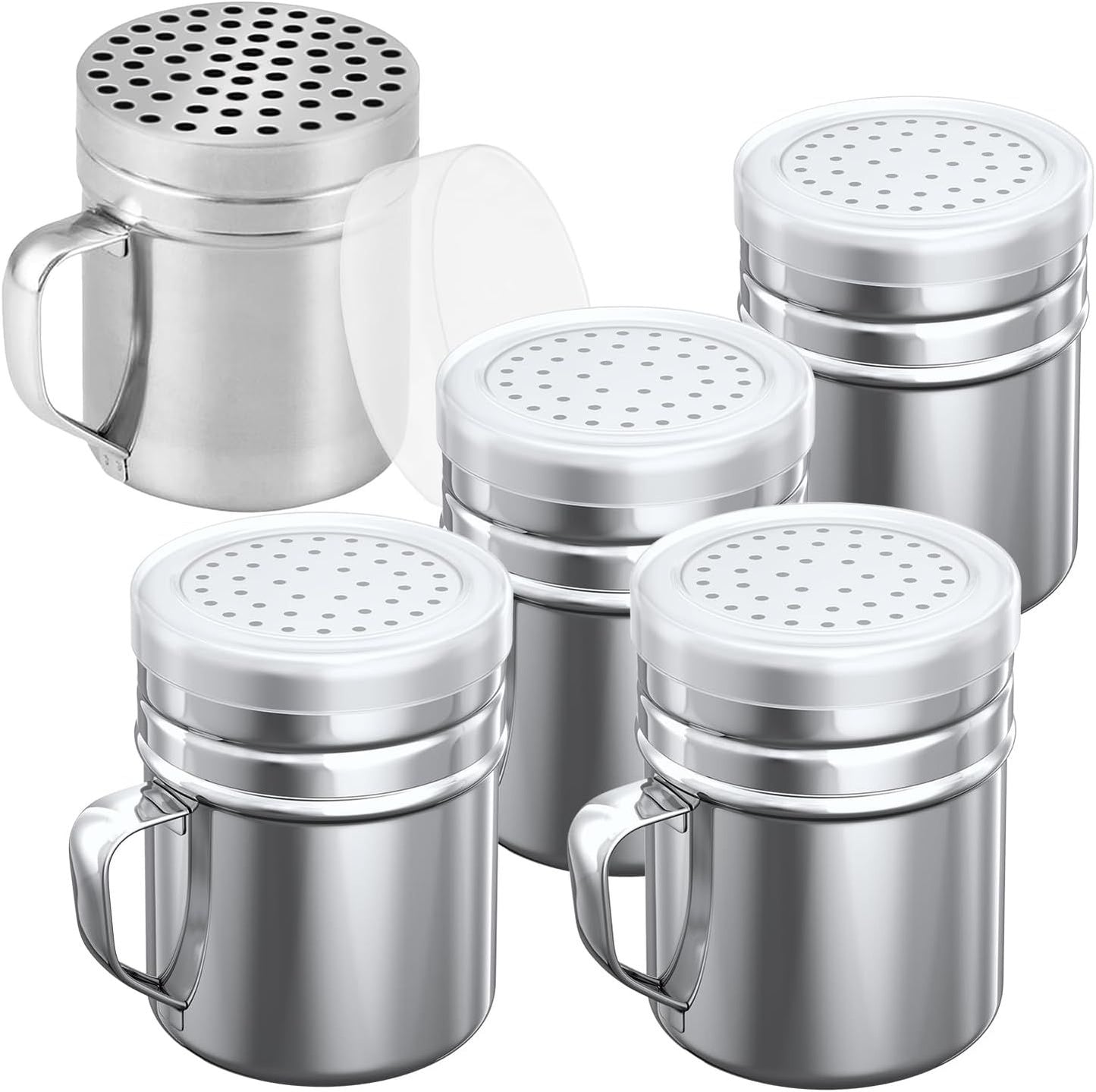 [4-pcs] 10oz Metal Salt Pepper Cooking Dredge Shakers (Medium Holes) + [1-pcs] 10oz Metal Parmesan Cheese Shaker (Large Holes) - with Plastic Caps and Handle