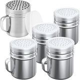 [4-pcs] 10oz Metal Salt Pepper Cooking Dredge Shakers (Medium Holes) + [1-pcs] 10oz Metal Parmesan Cheese Shaker (Large Holes) - with Plastic Caps and Handle
