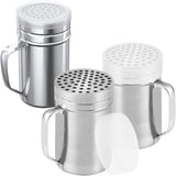 [2-pcs] 14oz Metal Parmesan Cheese Shakers (Large Holes) + [1-pcs] 14oz Stainless Steel Salt & Pepper Dredge Shaker (Medium Holes) - with Plastic Caps and Handles Bundle