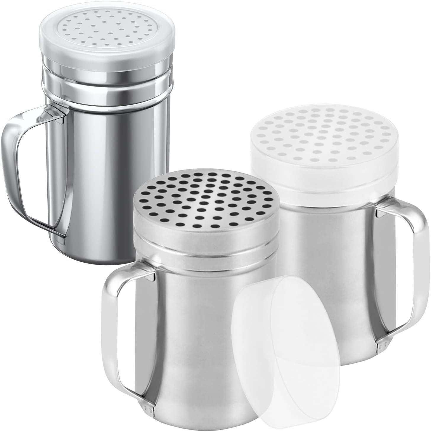 [2-pcs] 14oz Metal Parmesan Cheese Shakers (Large Holes) + [1-pcs] 14oz Stainless Steel Salt & Pepper Dredge Shaker (Medium Holes) - with Plastic Caps and Handles Bundle