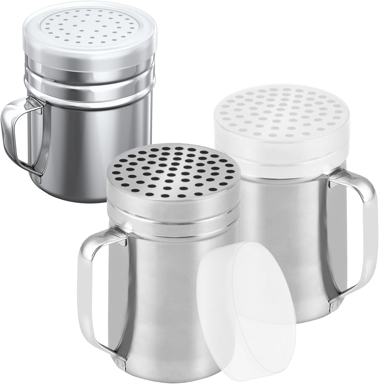 [2-pcs] 14oz Metal Parmesan Cheese Shakers (Large Holes) + [1-pcs] 10oz Stainless Steel Salt & Pepper Dredge Shaker (Medium Holes) - with Plastic Caps and Handles Bundle
