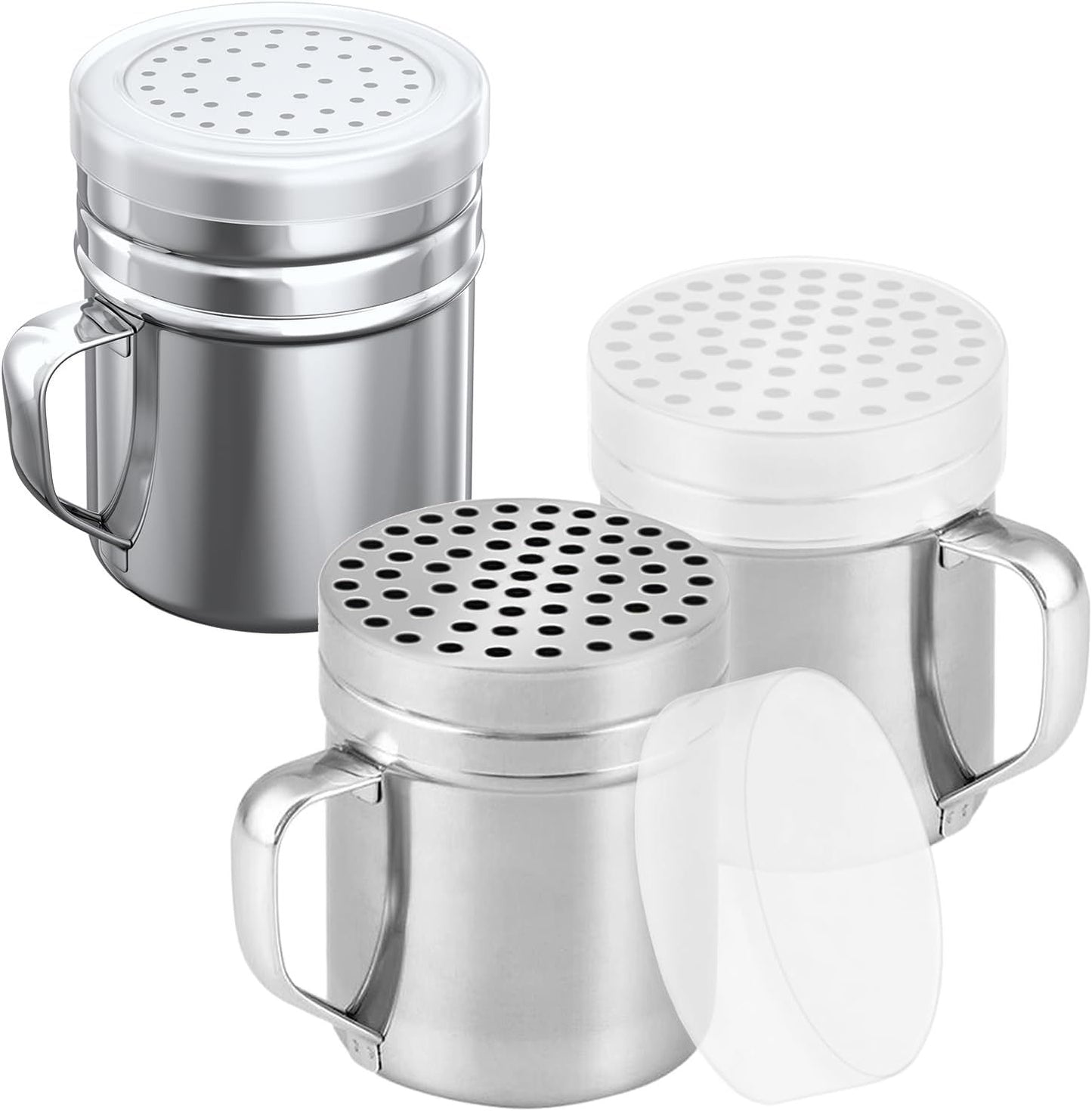 [2-pcs] 10oz Metal Parmesan Cheese Shakers (Large Holes) + [1-pcs] 10oz Stainless Steel Salt & Pepper Dredge Shaker (Medium Holes) - with Plastic Caps and Handles Bundle