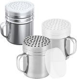 [2-pcs] 10oz Metal Parmesan Cheese Shakers (Large Holes) + [1-pcs] 10oz Stainless Steel Salt & Pepper Dredge Shaker (Medium Holes) - with Plastic Caps and Handles Bundle