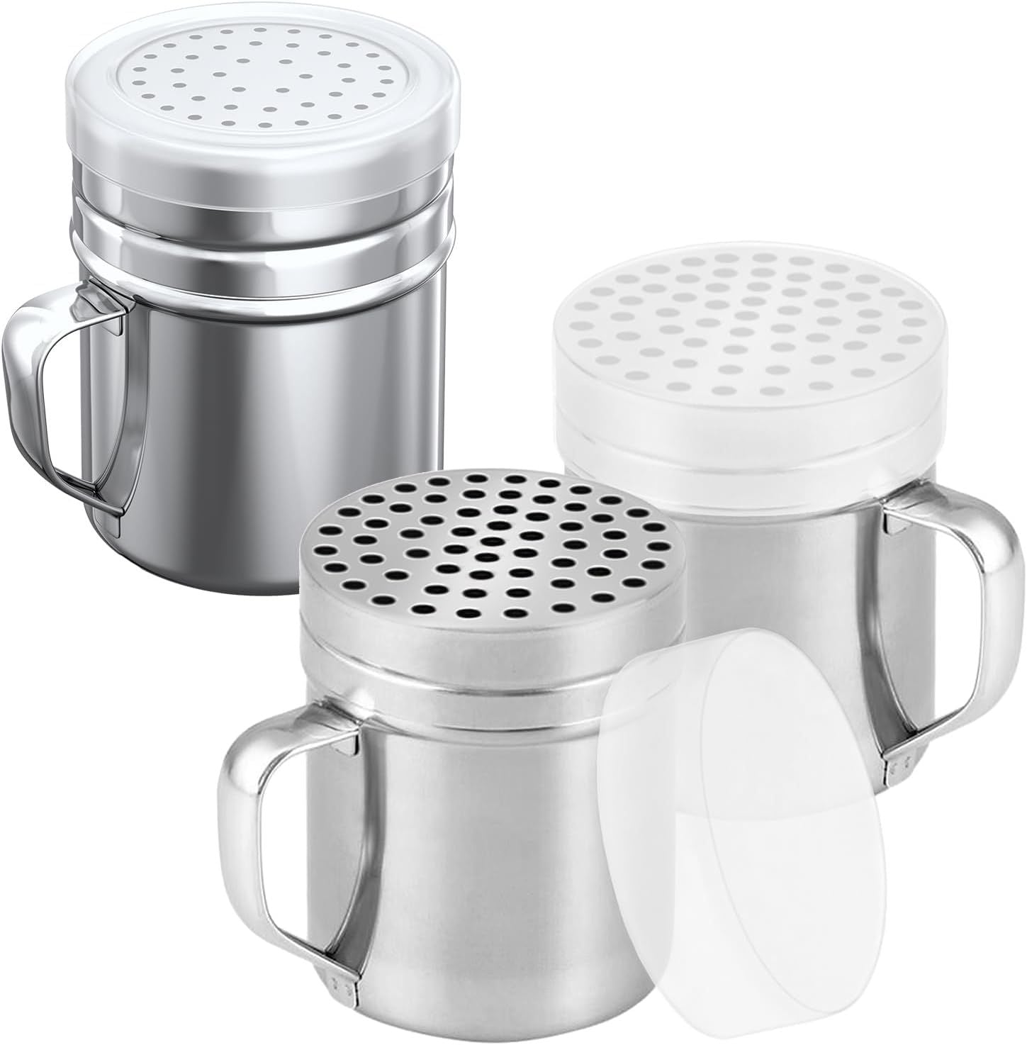 [2-pcs] 10oz Metal Parmesan Cheese Shakers (Large Holes) + [1-pcs] 10oz Stainless Steel Salt & Pepper Dredge Shaker (Medium Holes) - with Plastic Caps and Handles Bundle
