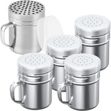 [4-pcs] 6oz Metal Salt Pepper Cooking Dredge Shakers (Medium Holes) + [1-pcs] 10oz Metal Parmesan Cheese Shaker (Large Holes) - with Plastic Caps and Handle