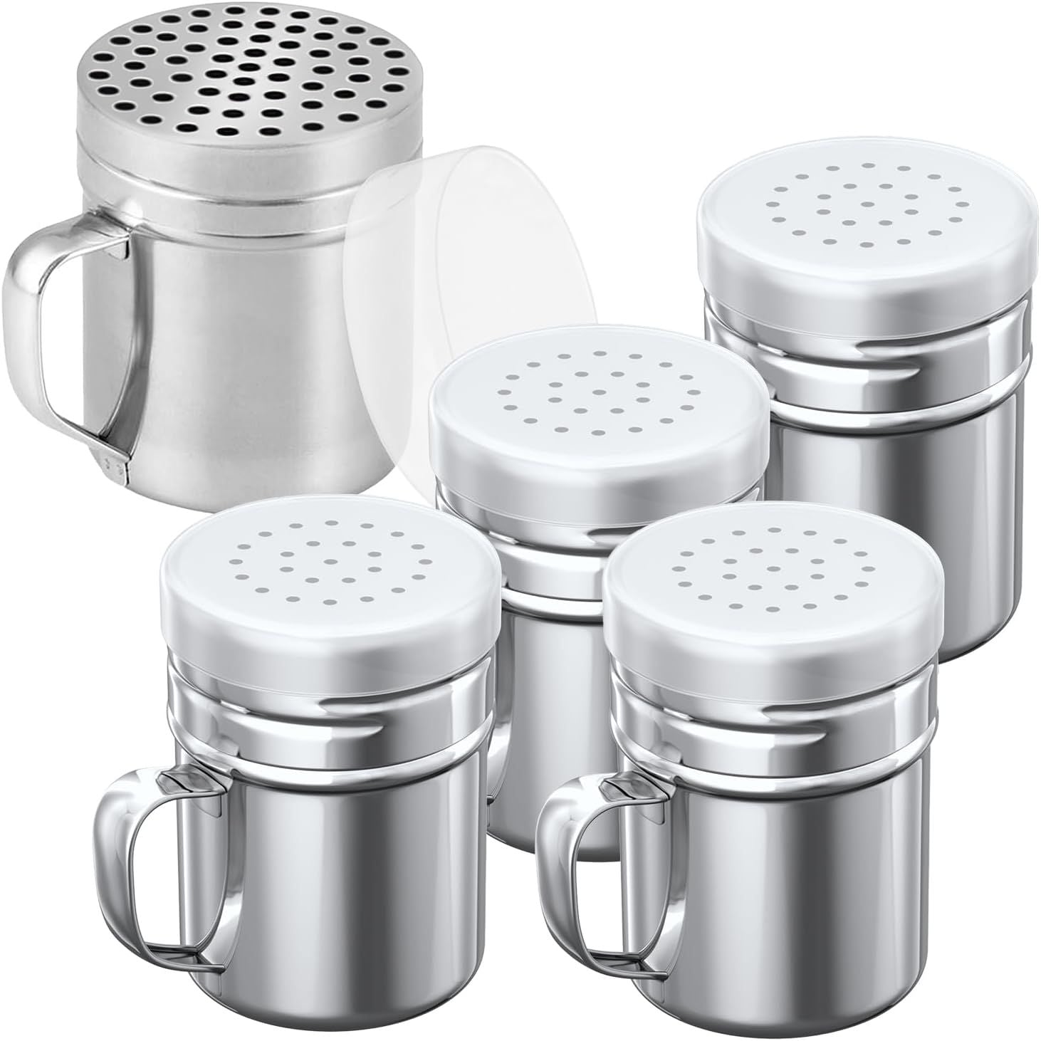 [4-pcs] 6oz Metal Salt Pepper Cooking Dredge Shakers (Medium Holes) + [1-pcs] 10oz Metal Parmesan Cheese Shaker (Large Holes) - with Plastic Caps and Handle