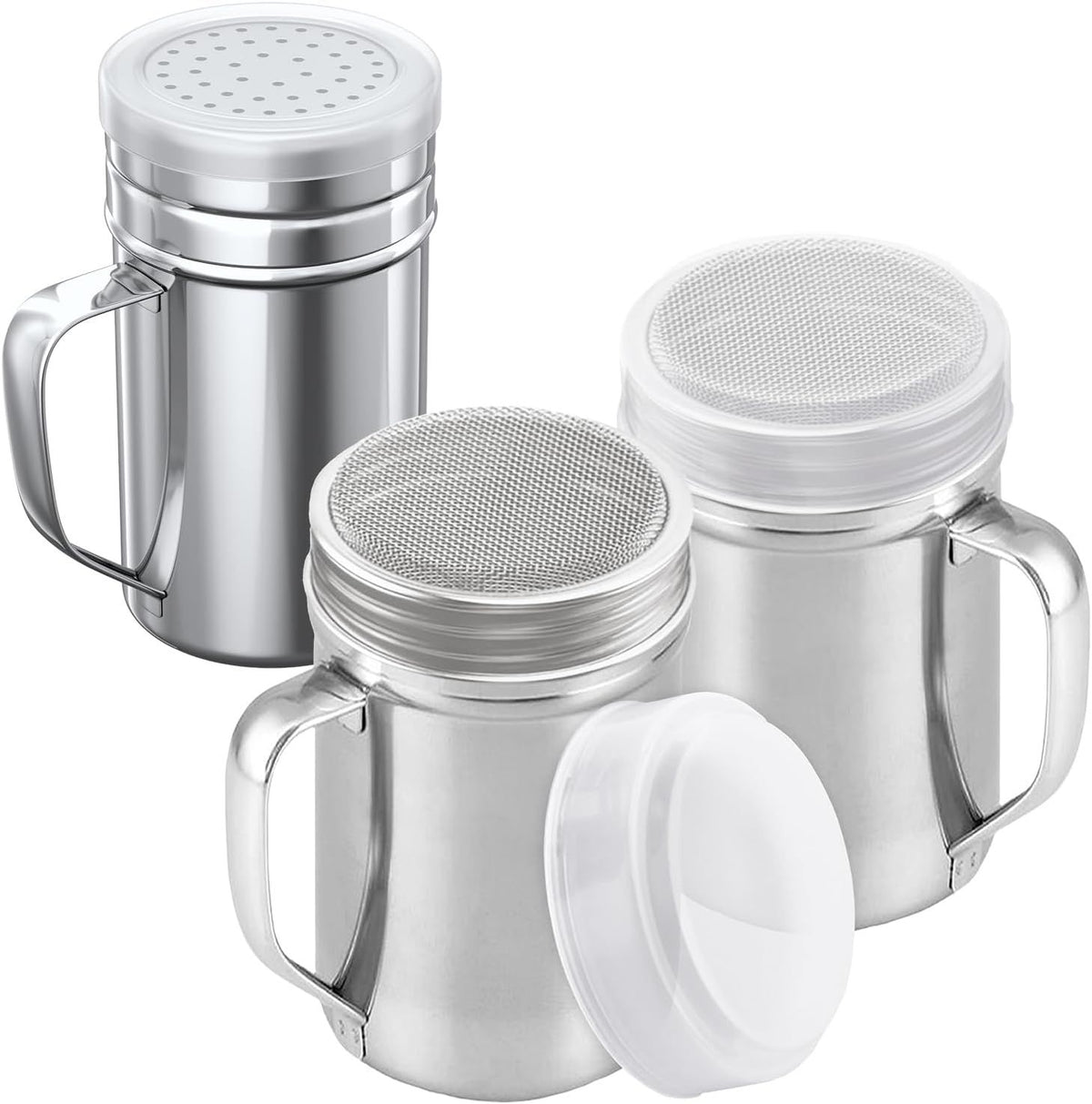 [2-pcs] 14oz Large Powdered Sugar Shakers (ine Mesh) + [1-pcs] 14oz Stainless Steel Salt Pepper Dredge Shaker - with Plastic Caps & Handles Bundle