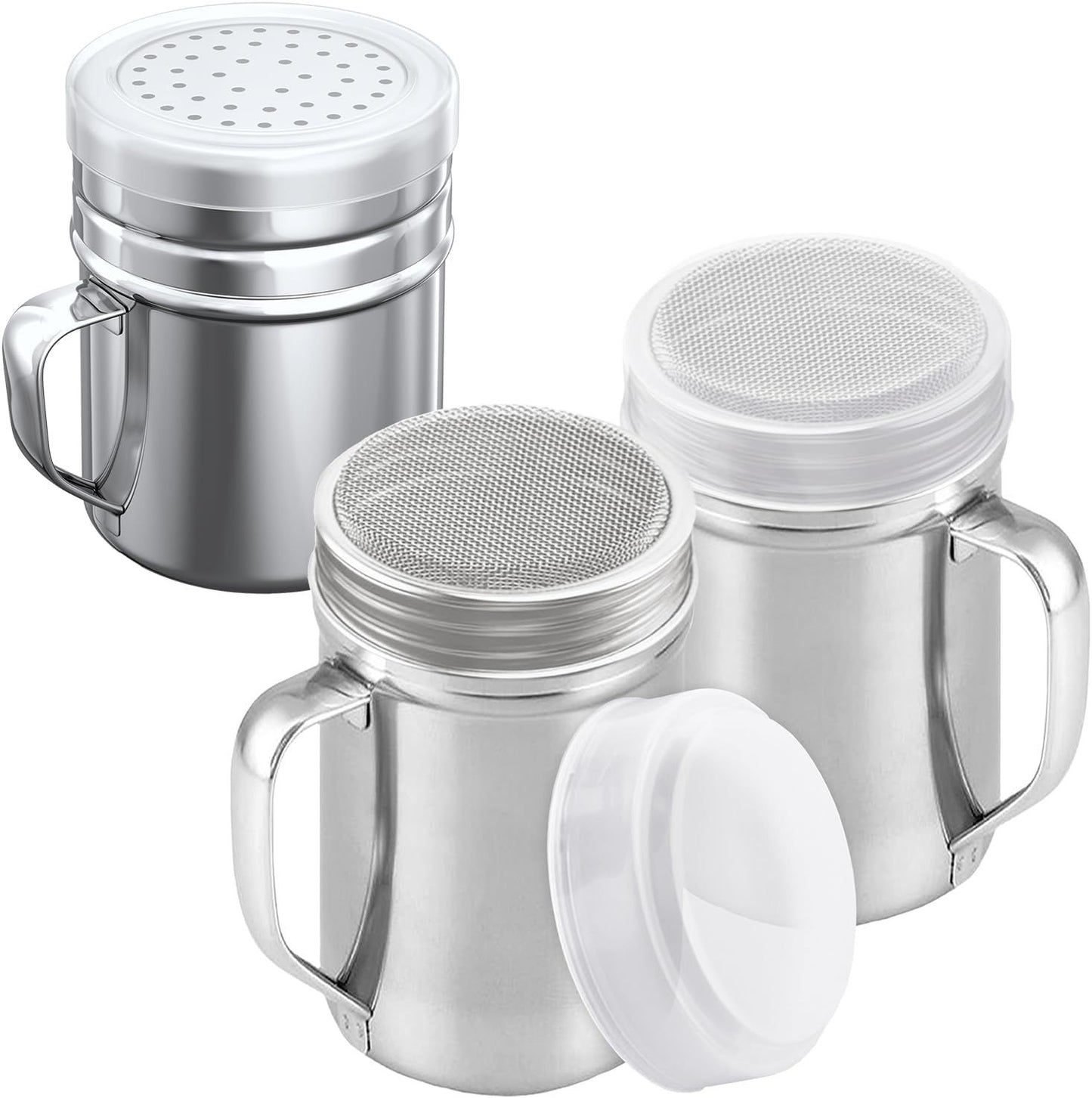 [2-pcs] 14oz Large Powdered Sugar Shakers (ine Mesh) + [1-pcs] 10oz Stainless Steel Salt Pepper Dredge Shaker - with Plastic Caps & Handles Bundle