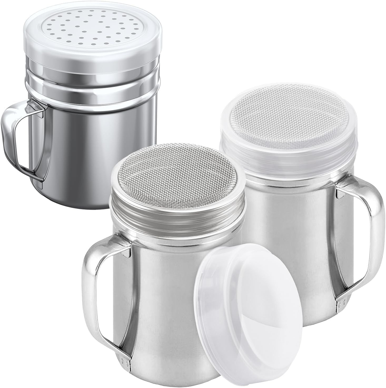 [2-pcs] 14oz Large Powdered Sugar Shakers (ine Mesh) + [1-pcs] 10oz Stainless Steel Salt Pepper Dredge Shaker - with Plastic Caps & Handles Bundle