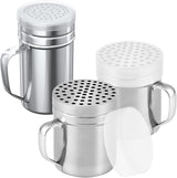 [2-pcs] 10oz Metal Parmesan Cheese Shakers (Large Holes) + [1-pcs] 14oz Stainless Steel Salt & Pepper Dredge Shaker (Medium Holes) - with Plastic Caps and Handles Bundle