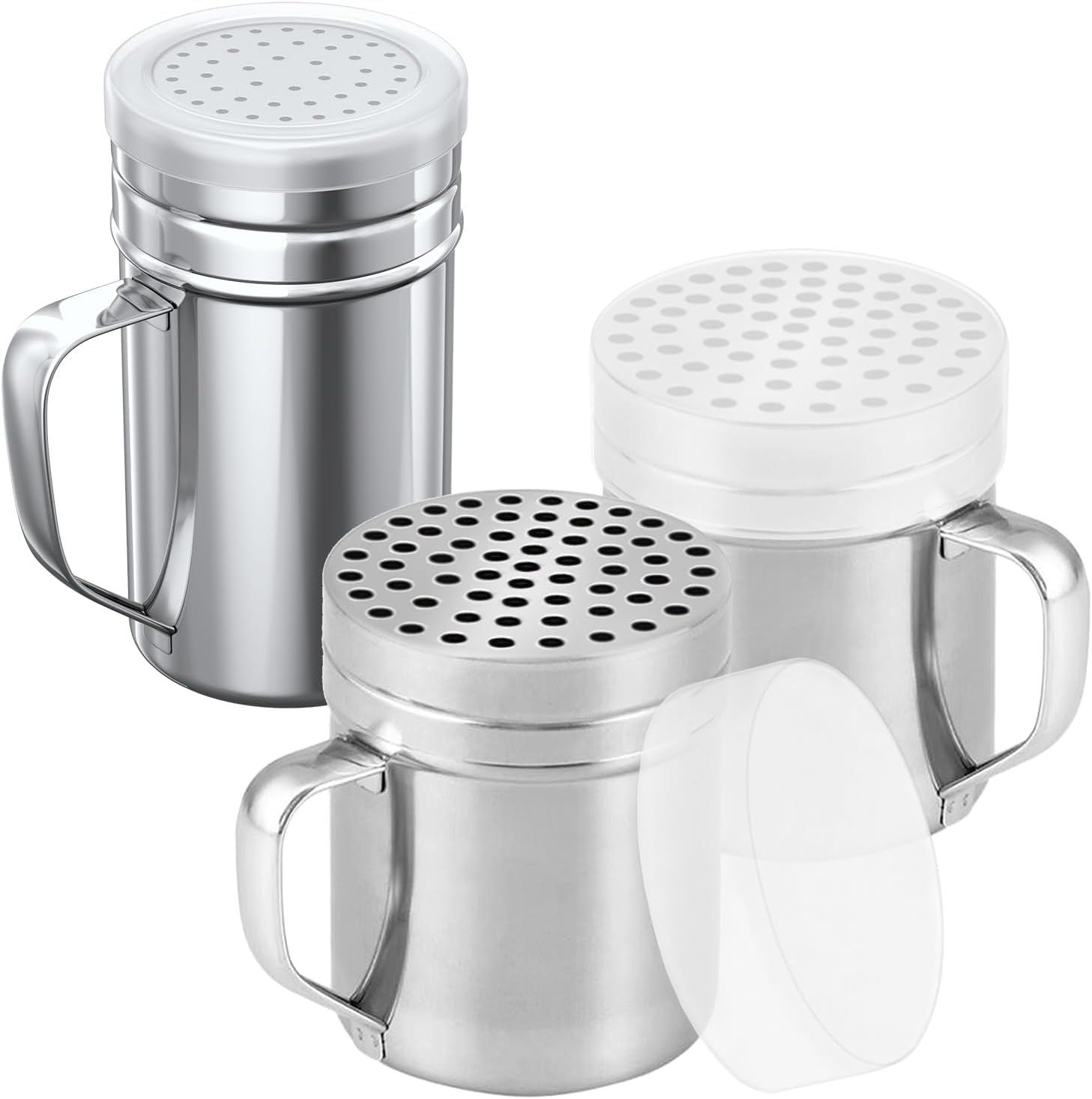 [2-pcs] 10oz Metal Parmesan Cheese Shakers (Large Holes) + [1-pcs] 14oz Stainless Steel Salt & Pepper Dredge Shaker (Medium Holes) - with Plastic Caps and Handles Bundle
