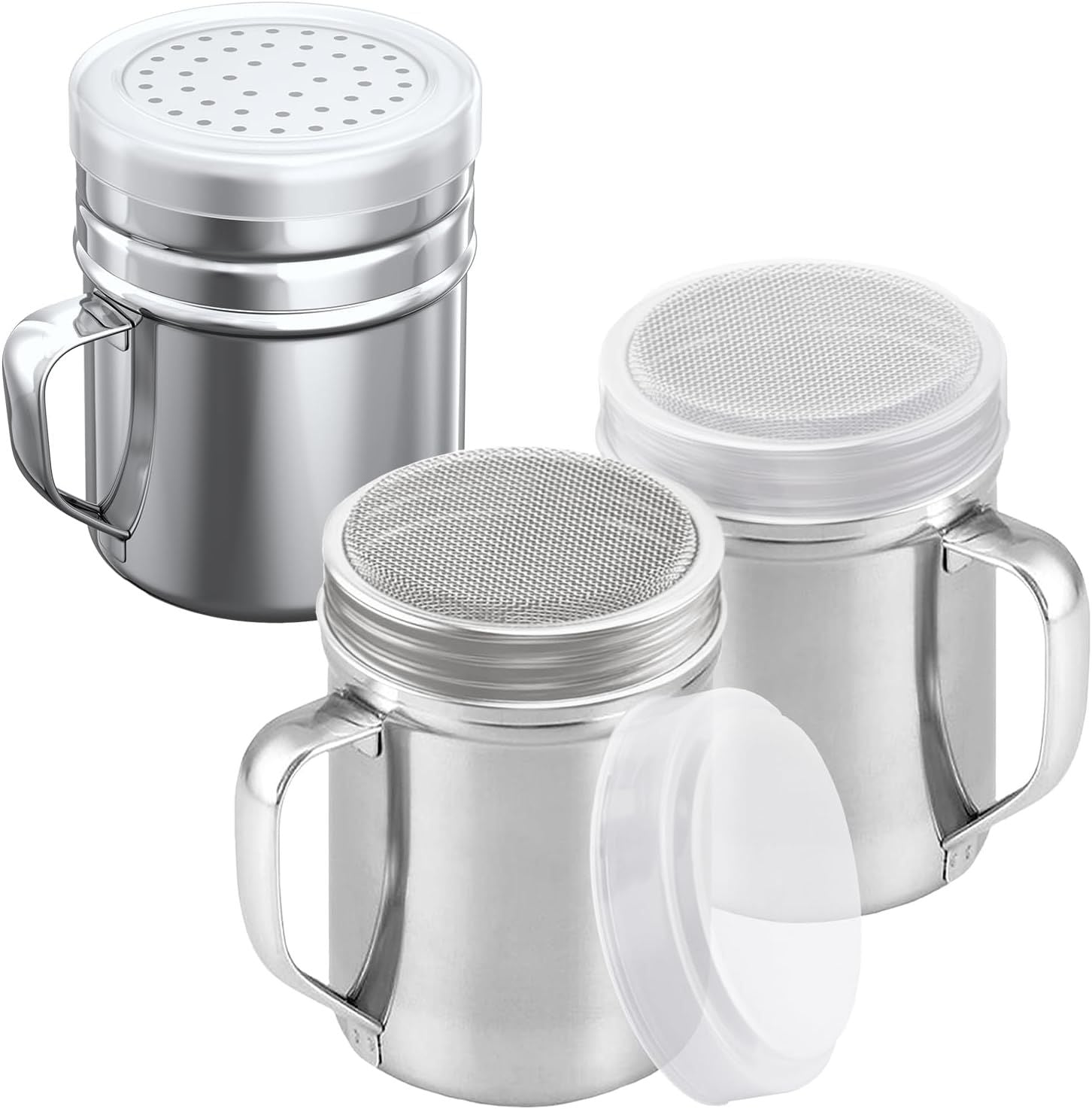 [2-pcs] 10oz Powdered Sugar Shakers (ine Mesh) + [1-pcs] 10oz Stainless Steel Salt Pepper Dredge Shaker - with Plastic Caps & Handles Bundle