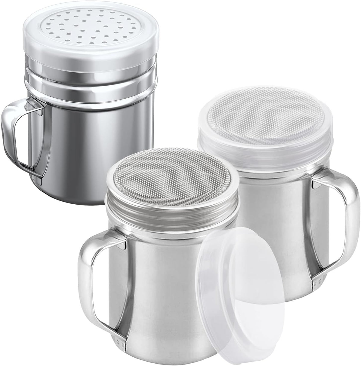 [2-pcs] 10oz Powdered Sugar Shakers (ine Mesh) + [1-pcs] 10oz Stainless Steel Salt Pepper Dredge Shaker - with Plastic Caps & Handles Bundle